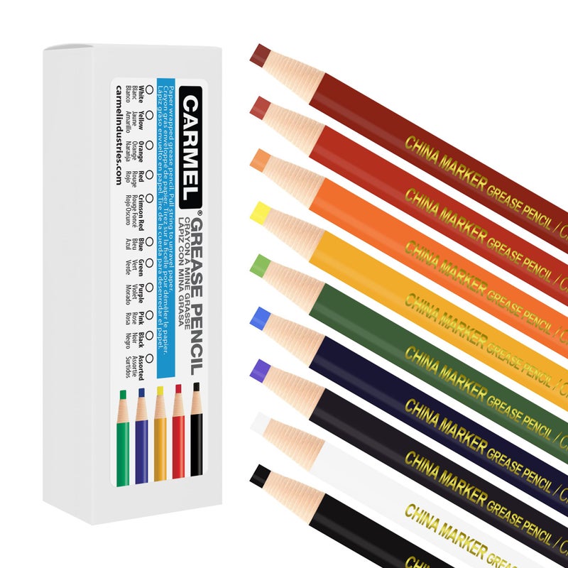 Carmel Grease Pencil, Box of 12 (Assorted Colors), Pull String Grease Pencil, Paper Wrapped Wax Pencil for Marking Smooth Surfaces Including Plastic, Metal, Ceramics & Polished Stone - Image 1